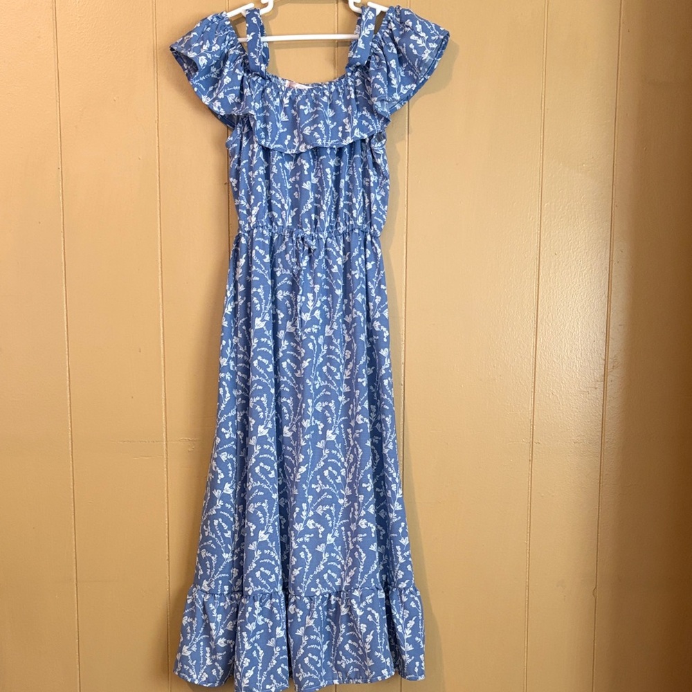 Girls Blue Floral Ruffle Maxi Dress size 10